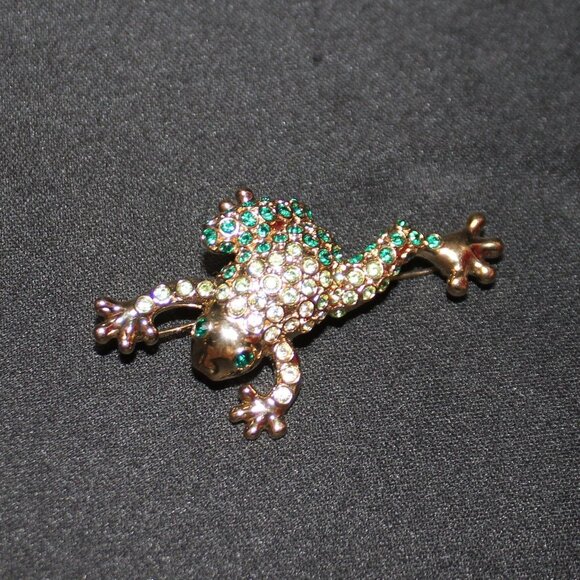 Monet Green Frog Rhinstone Brooch - Picture 3 of 14